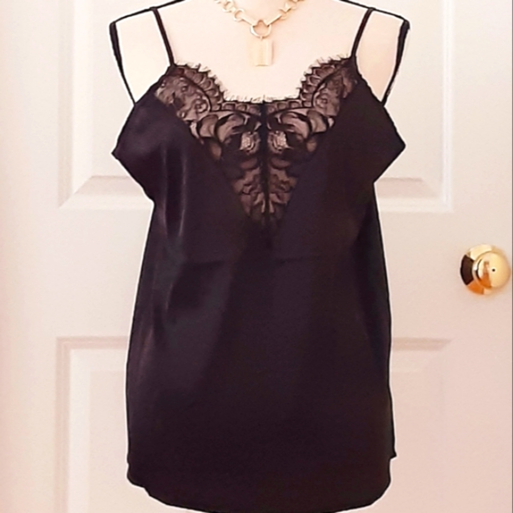 Silky Black Scalloped Lace Panel Camisole
